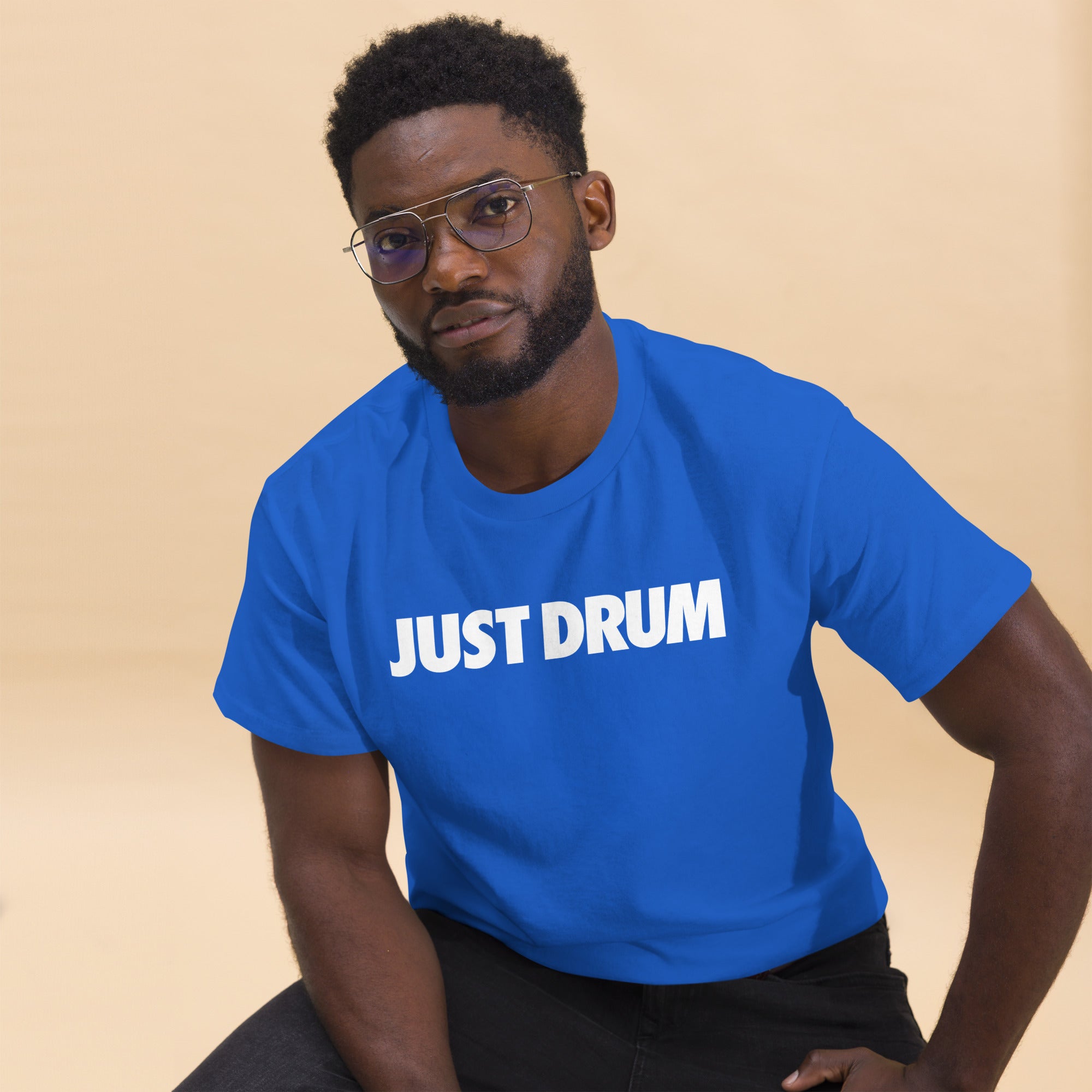 The Just Drum Blue Tee from Drum Club Global — clean, intentional drummer apparel designed for percussionists who wear their identity with confidence. Shop now.