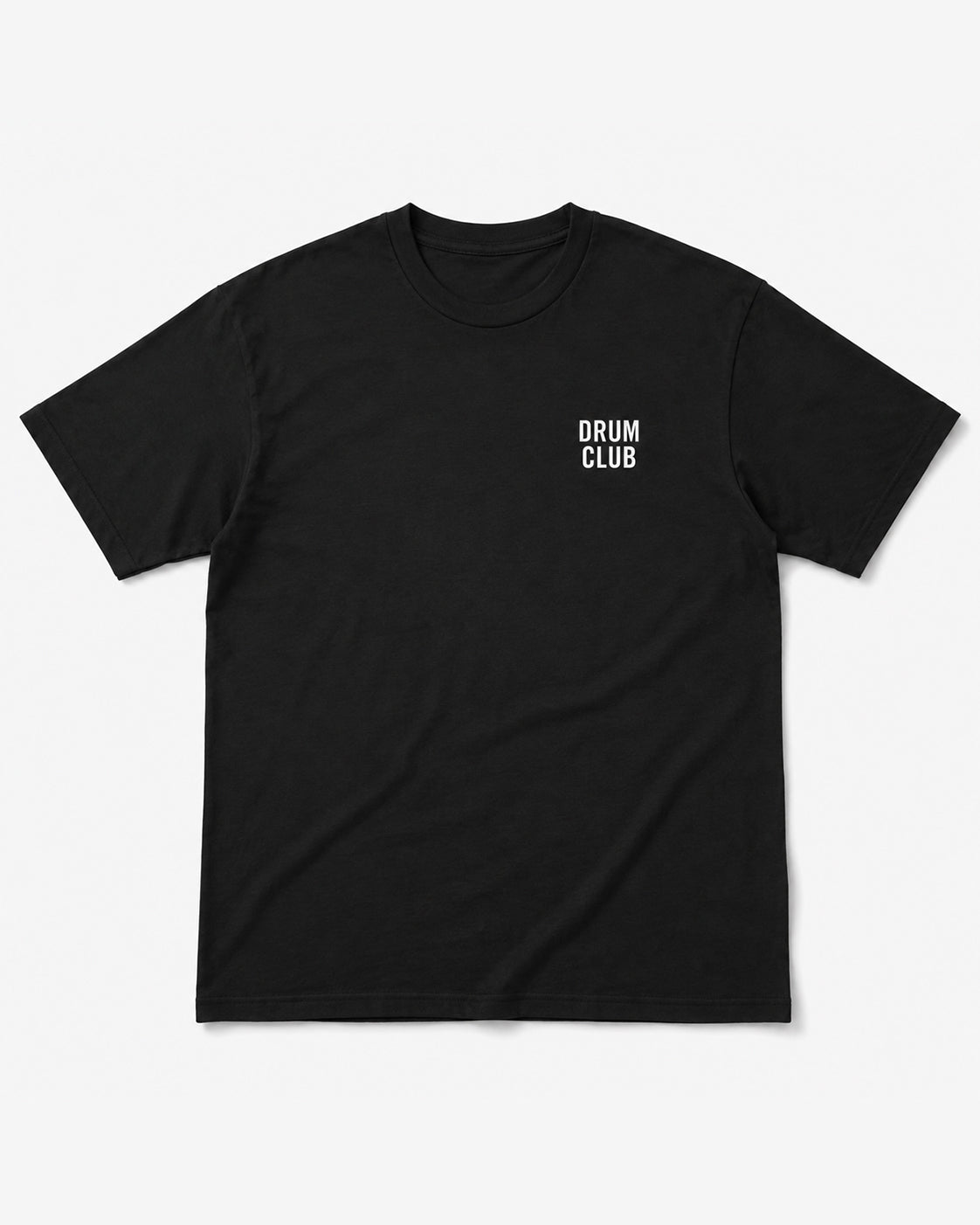 Shop the Drum Club Classic Tee from Drum Club Global. A premium black unisex t-shirt with a clean white DRUM CLUB left chest mark — minimal, intentional drummer apparel. Ships from Nashville.