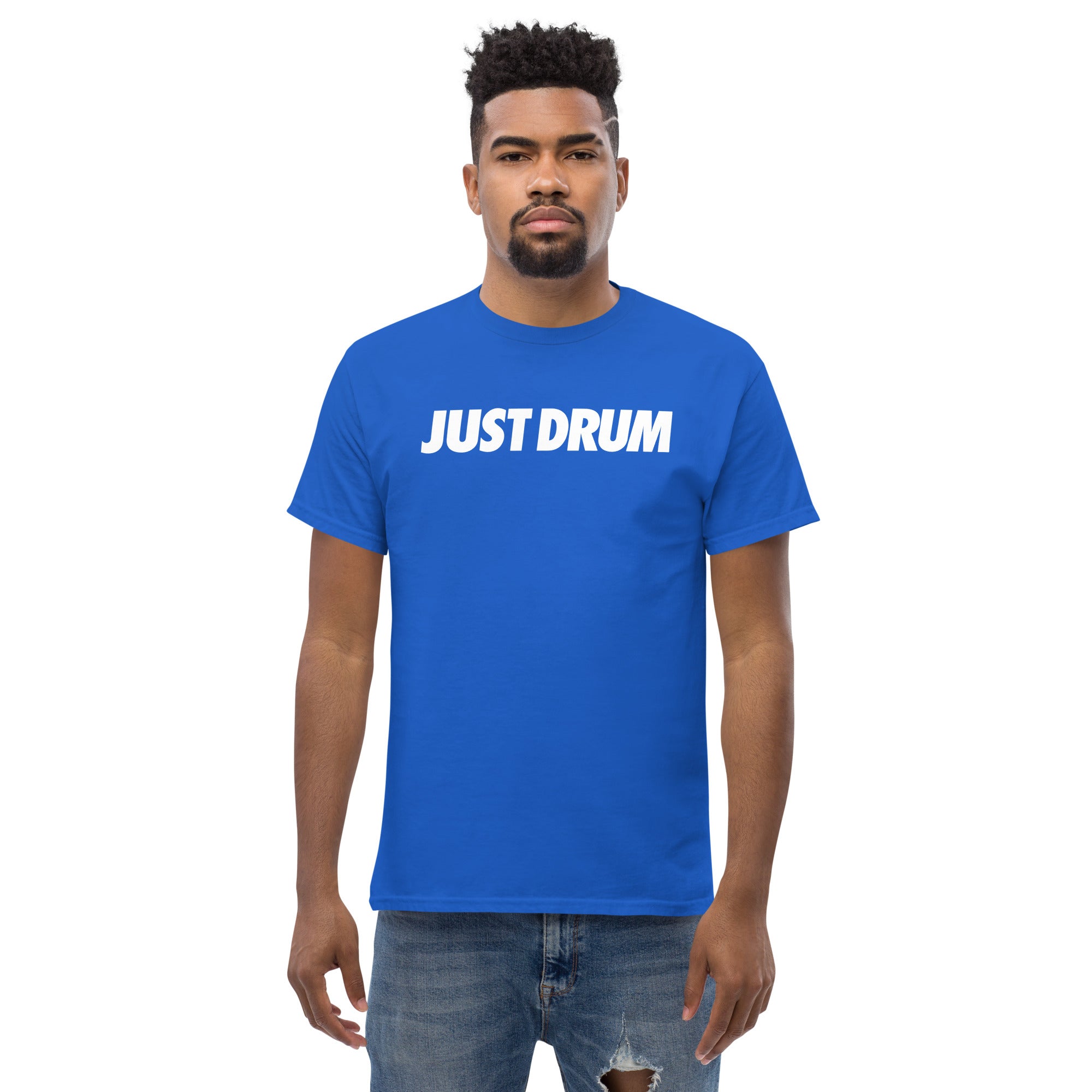 Bold in blue. The Just Drum Tee from Drum Club Global is premium unisex drummer apparel for the serious percussionist. Available now at drumclubglobal.com