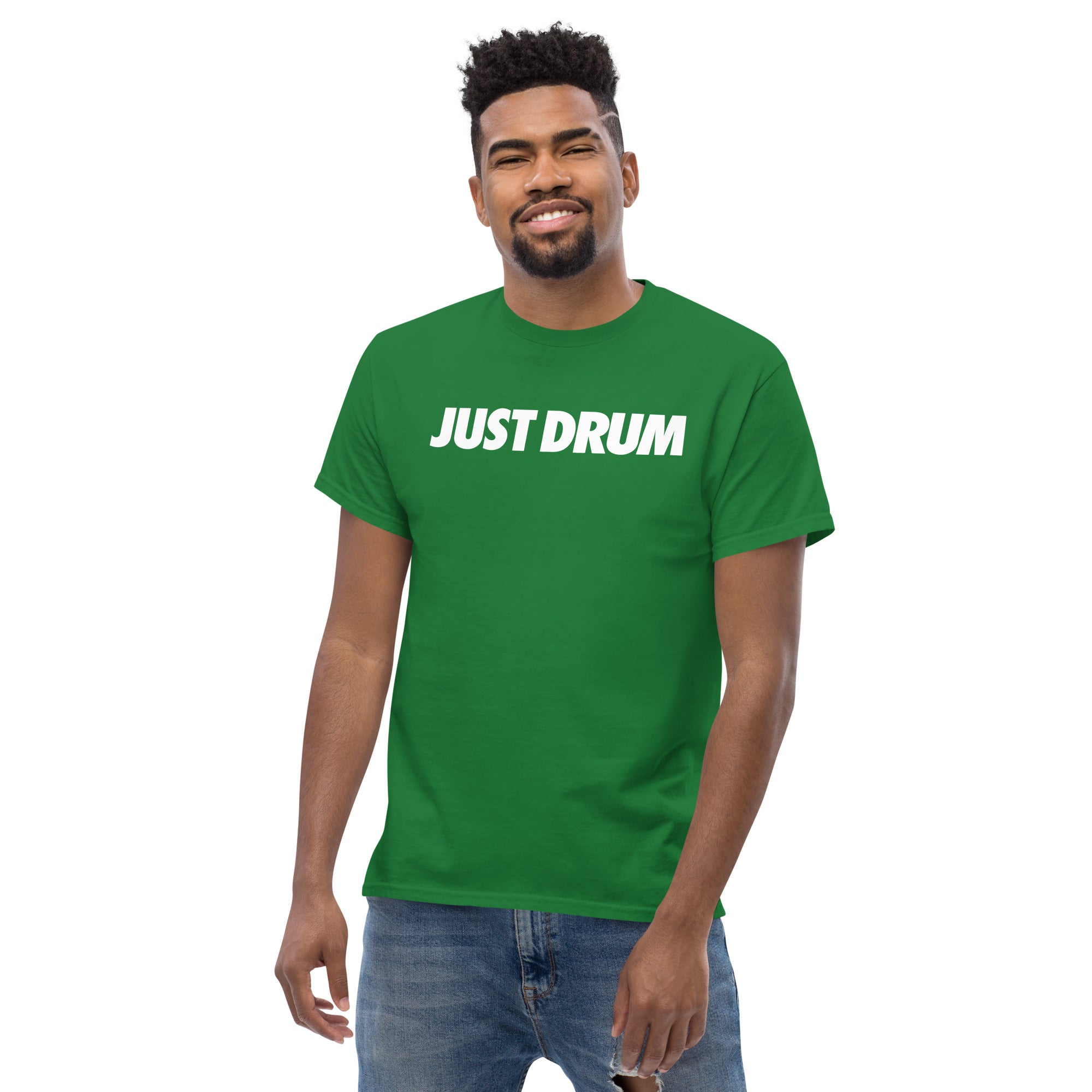 Bold in green. The Just Drum Tee from Drum Club Global is premium unisex drummer apparel for the serious percussionist. Available now at drumclubglobal.com