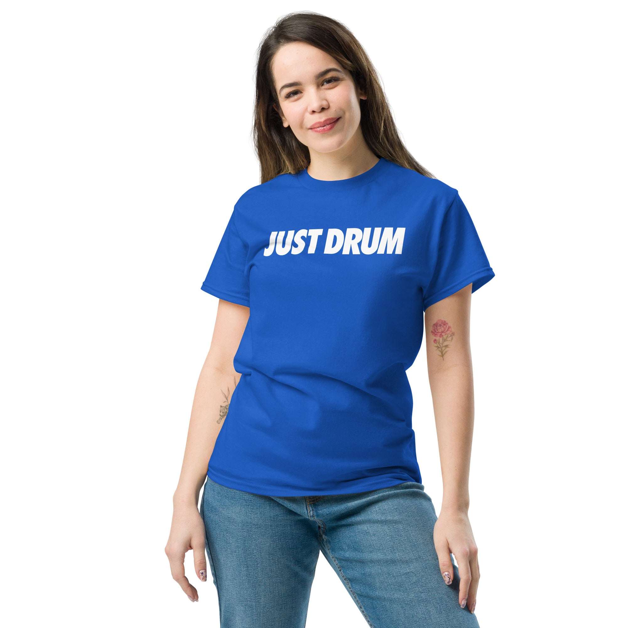 Drum Club Global's Just Drum Tee in blue is built for drummers who show up and do the work. Premium unisex fit, bold chest print, ships from Nashville. Shop drumclubglobal.com
