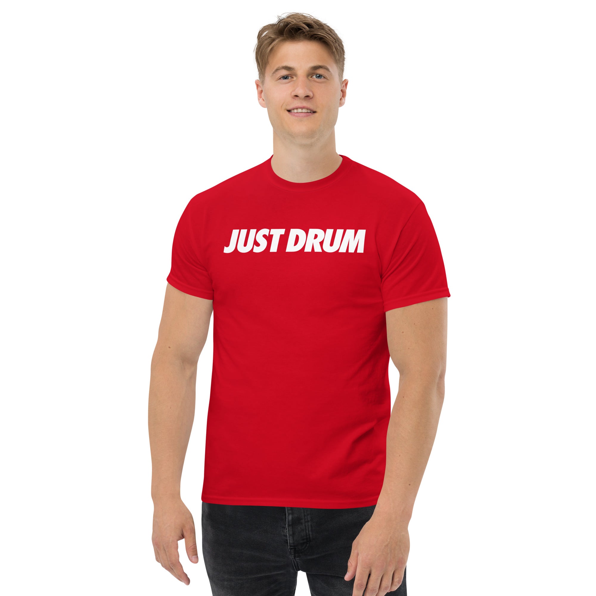 Bold in red. The Just Drum Tee from Drum Club Global is premium unisex drummer apparel for the serious percussionist. Available now at drumclubglobal.com