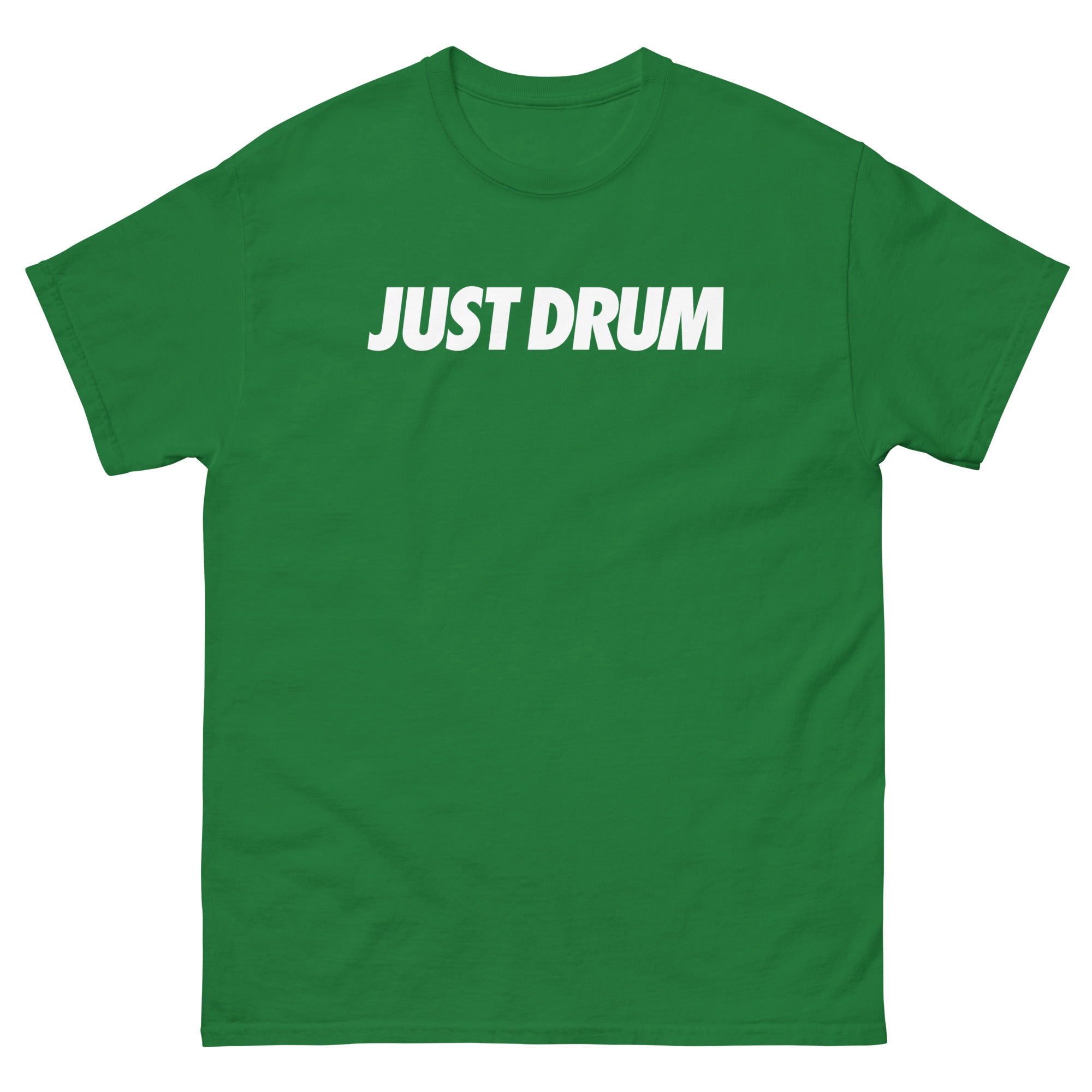The Just Drum Tee is now available in green. Premium unisex drummer apparel from Drum Club Global — wear your craft with intention every day. Shop now at drumclubglobal.com
