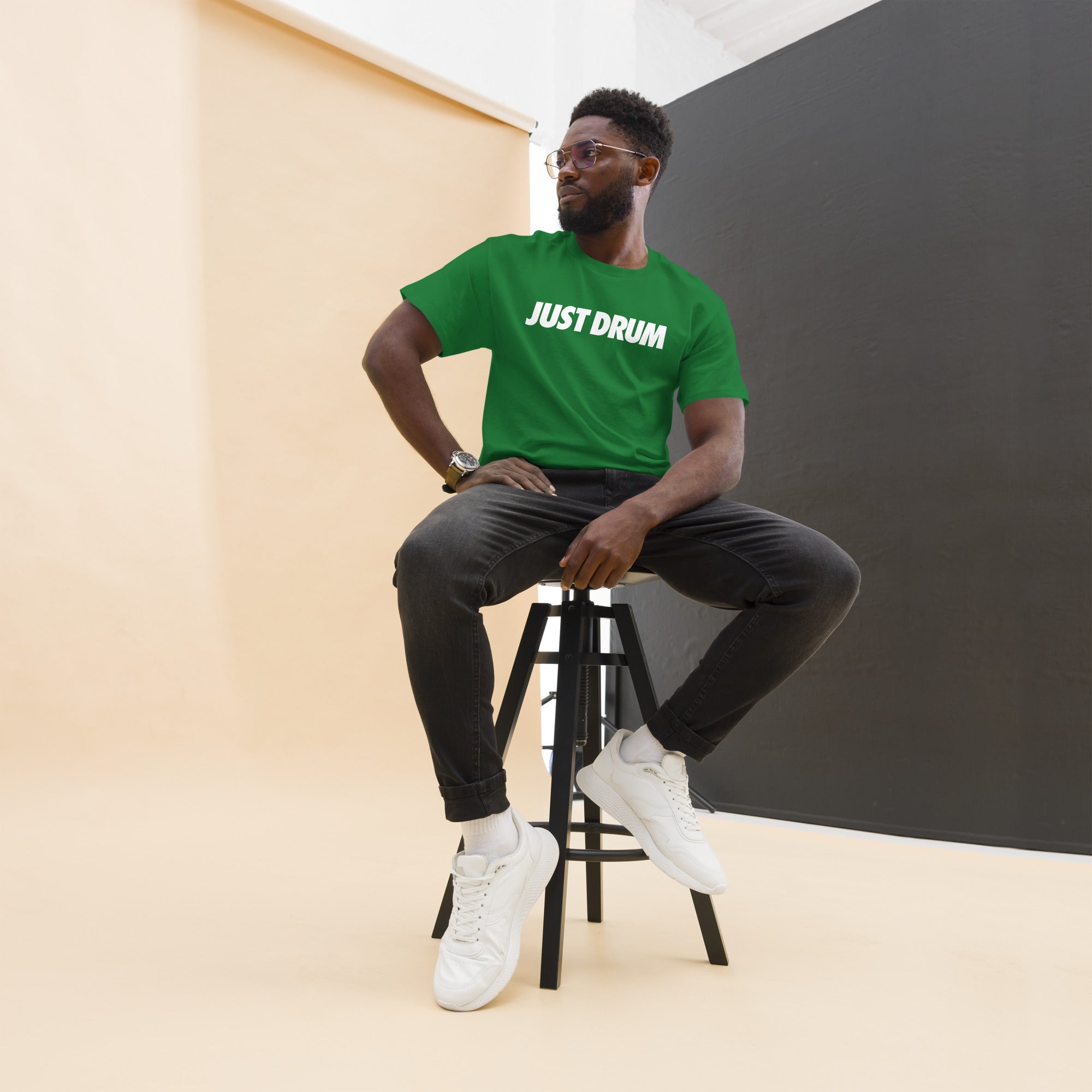 The perfect gift for drummers — the Just Drum Tee in green from Drum Club Global. Premium unisex fit with bold JUST DRUM print. Rep the culture. Ships from Nashville, TN.