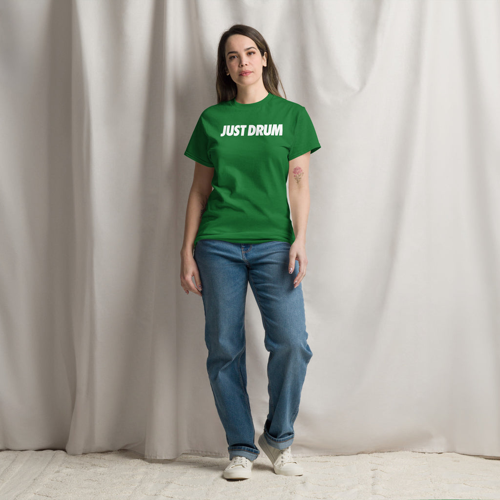 Rep the culture in green. The Drum Club Global Just Drum Tee features a bold JUST DRUM chest print on a premium green unisex tee. The perfect drummer gift. Ships from Nashville, TN