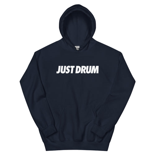 Navy Just Drum hoodie by DRUM CLUB with bold white JUST DRUM logo on the front