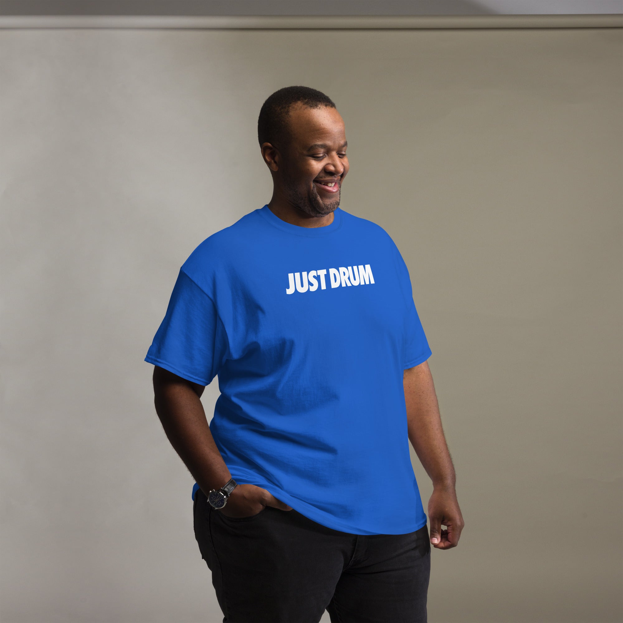 Shop the blue Just Drum unisex t-shirt from Drum Club Global. Bold JUST DRUM chest print, premium heavyweight fabric, perfect for drummers and music lovers. Ships from Nashville.