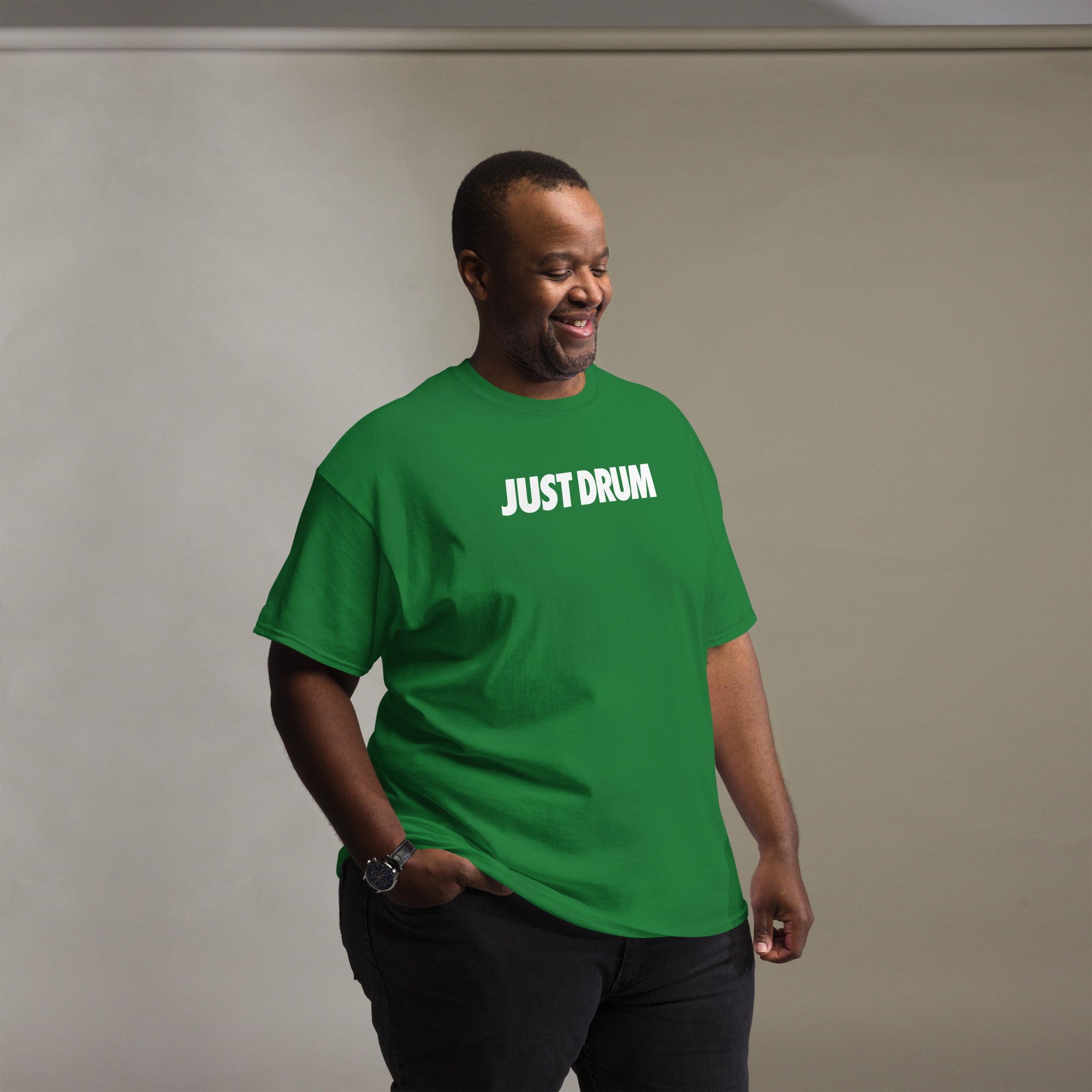 Shop the green Just Drum unisex t-shirt from Drum Club Global. Bold JUST DRUM chest print, premium heavyweight fabric, perfect for drummers and music lovers. Ships from Nashville.