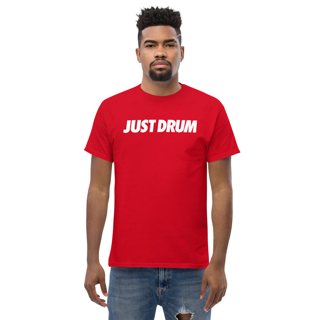 Shop the red Just Drum unisex t-shirt from Drum Club Global. Bold JUST DRUM chest print, premium heavyweight fabric, perfect for drummers and music lovers. Ships from Nashville.
