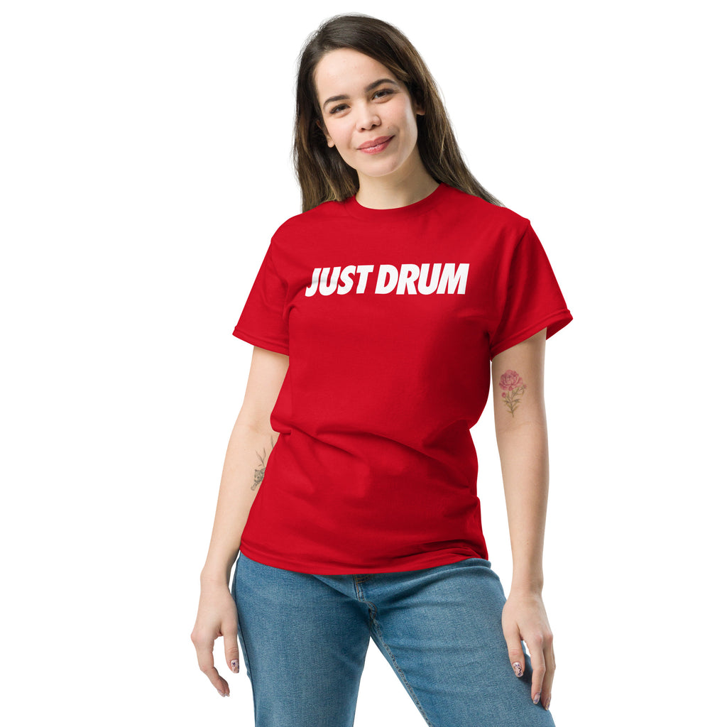 The Just Drum Red Tee from Drum Club Global — clean, intentional drummer apparel designed for percussionists who wear their identity with confidence. Shop now.