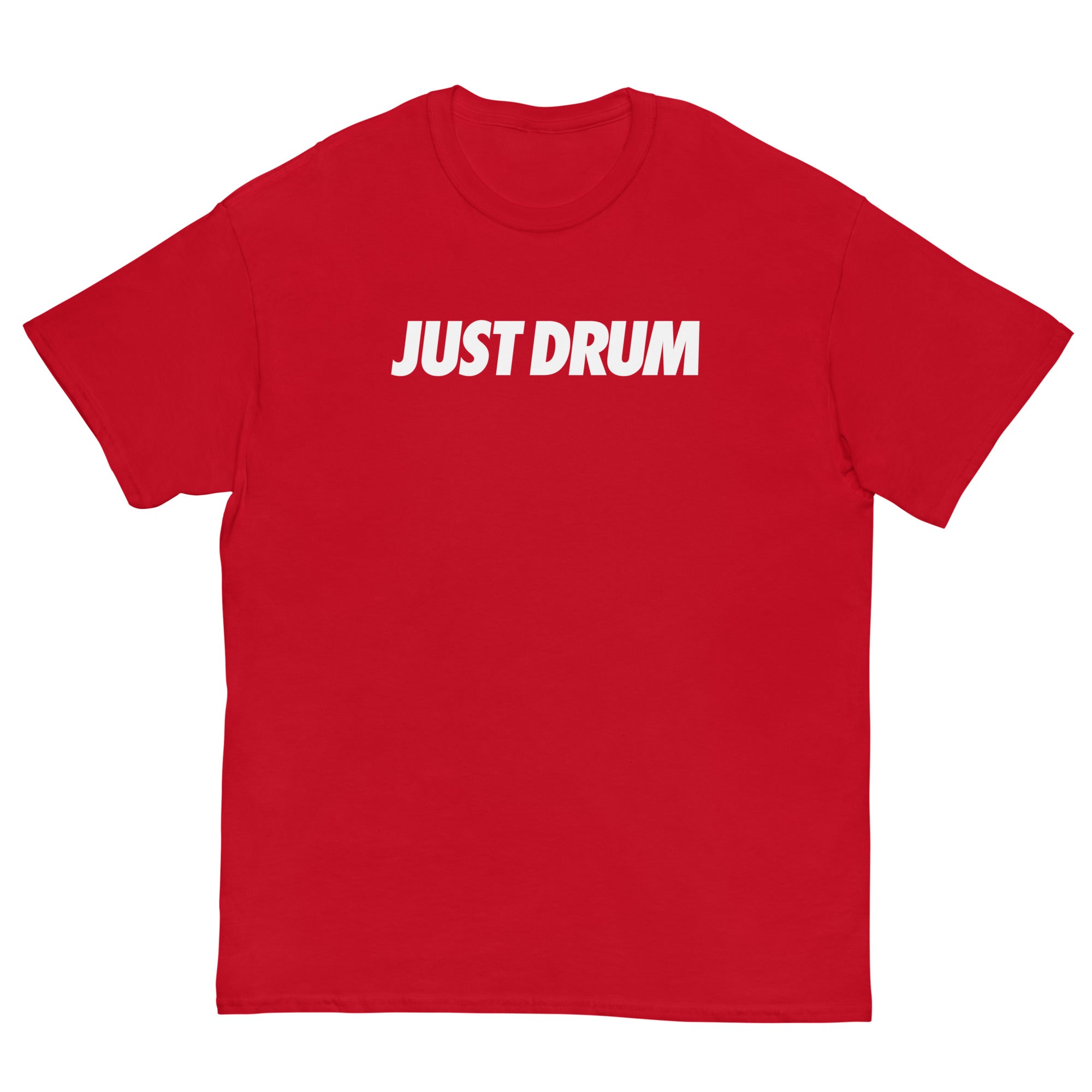 The Just Drum Tee is now available in red. Premium unisex drummer apparel from Drum Club Global — wear your craft with intention every day. Shop now at drumclubglobal.com