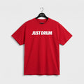 Red Drum Club T-shirt with white Just Drum lettering across the chest, front view.