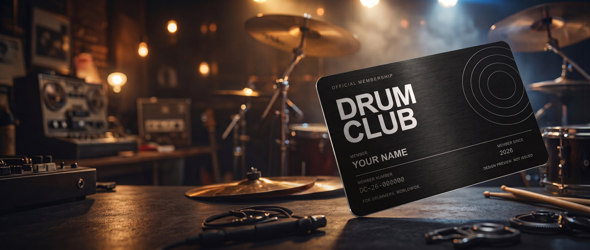 Black Drum Club membership card mockup with sample name and member number, displayed against a recording studio drum kit.